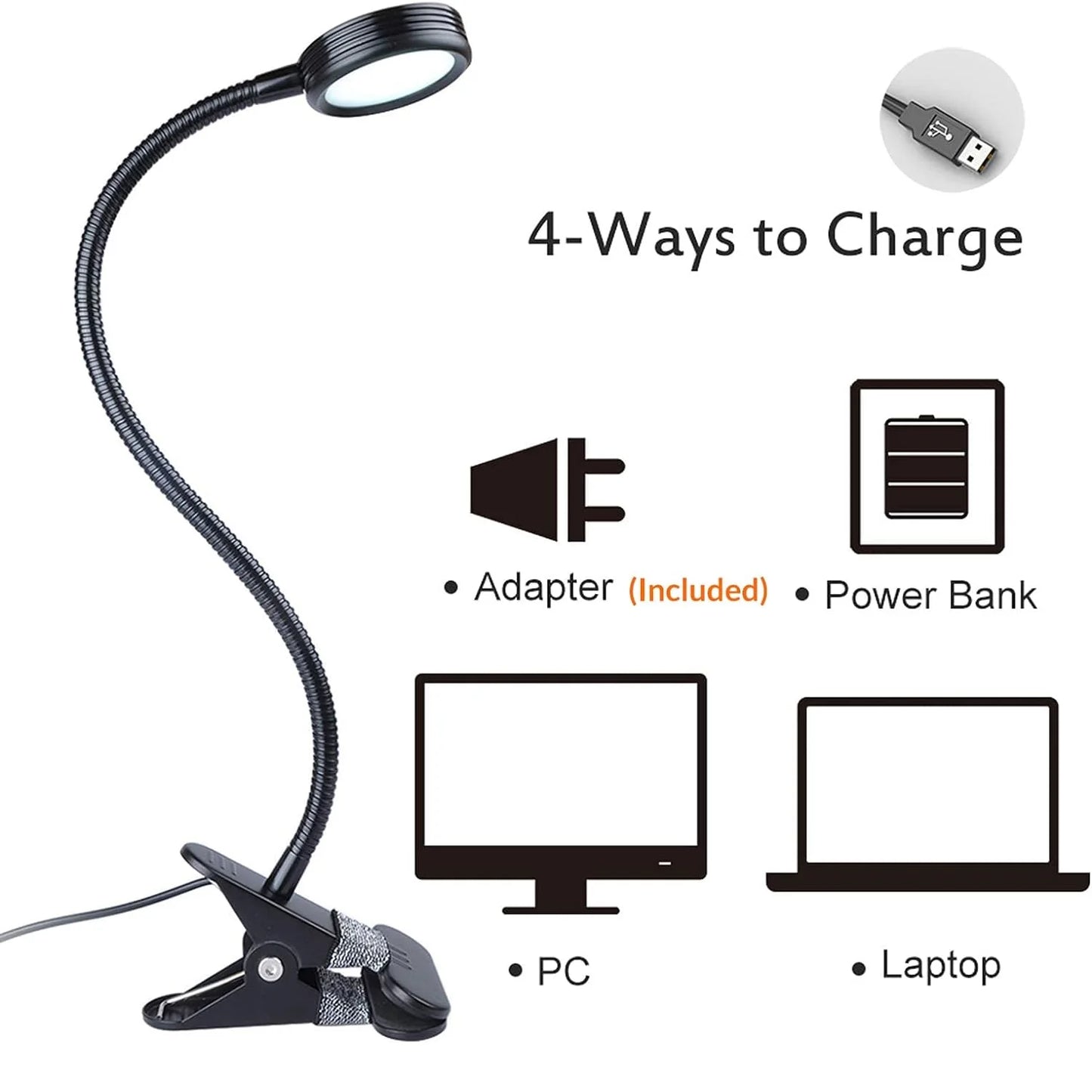 LED Clip Reading Light - 3 Colors, 5 Brightness Levels