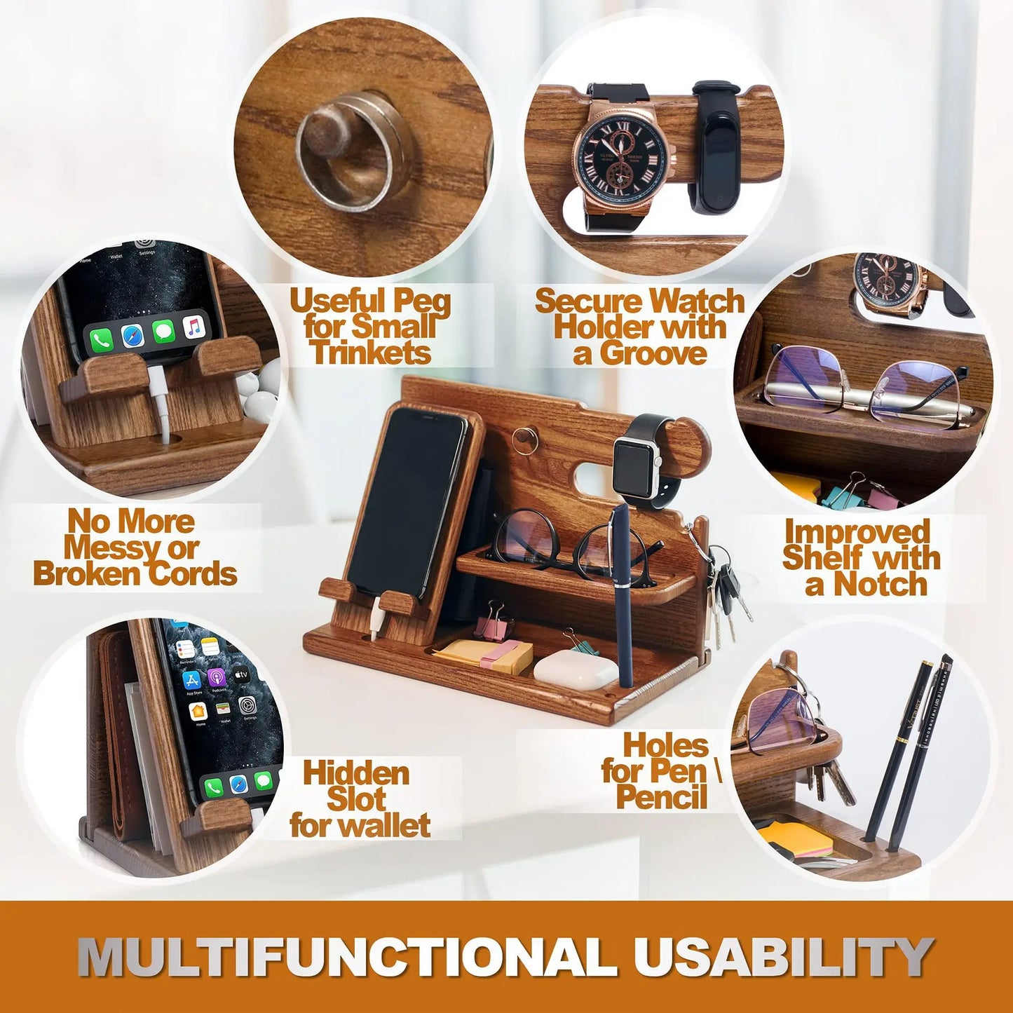 Wooden Phone Stand & Desk Organizer with Charging Rack