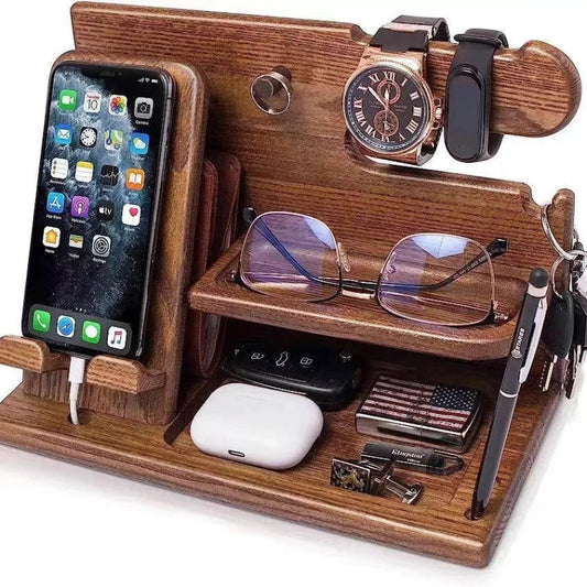 Wooden Phone Stand & Desk Organizer with Charging Rack